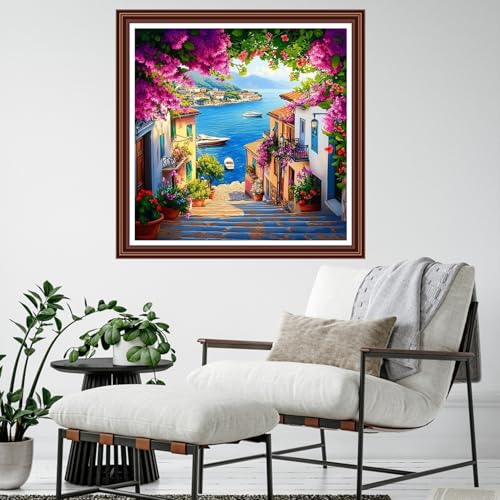 Dimensean Counted Cross Stitch Kit for Beginners, 11CT Unprinted Cross-Stitch Kit Easy Patterns Needlepoint Kit Cross Stitching Embroidery Kit Supplies-Seaside Floral Scenery 18x18 inch - color: ColornNEW04