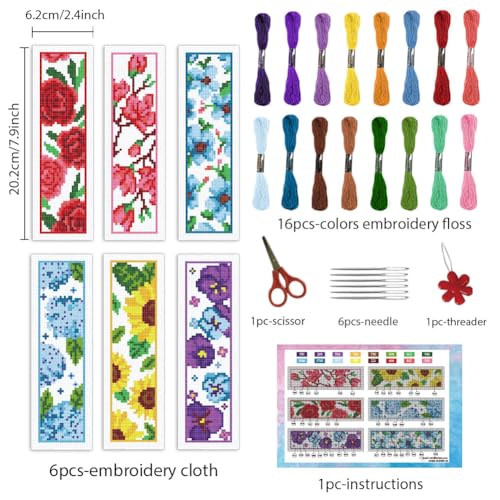INFUNLY 6pcs Red Rose Cross Stitch Bookmark Kits DIY Sunflower Peach Blossom Embroidery Bookmark Kits for Beginners with Instruction Blue Flower Bookmark Making Kit for Book Lovers Readers Women Gifts - style: Flower