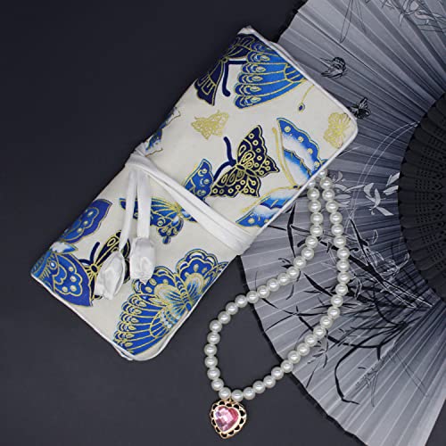 SmilerSmile Jewelry Travel Bag Embroidery Travel Jewelry Organizer with Tie Close Embroidered Flower Jewelry Roll for Women Girls (Butterfly/White) - color: 01 White/Butterfly