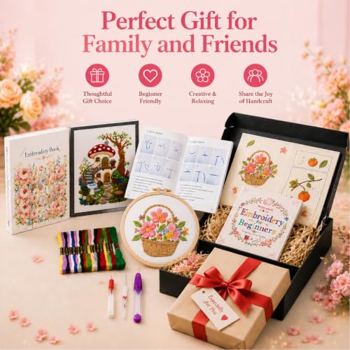Msvphink Embroidery Stitch Book for Beginners, 73 Larger Patterns for Adults Seniors, Removable Pages, 24-Color Thread DIY Kit with Instructions