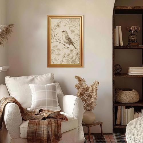 Wojuin Antique Style Sparrow Floral Etching Framed Canvas Wall Art 16x24 in - color: Sparrow, size: 24"L x 16"W