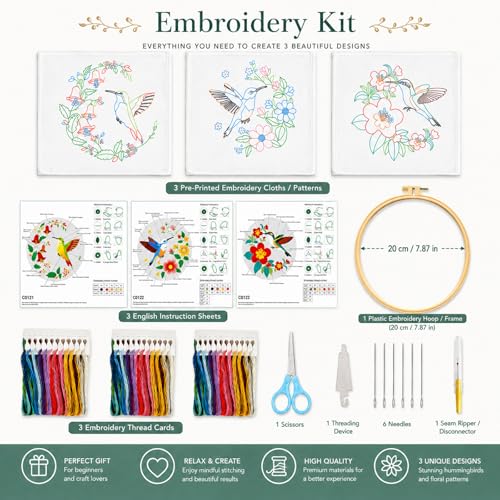 HRTHRT 3 Pack Embroidery Kit for Beginners, Hummingbird Floral DIY Set