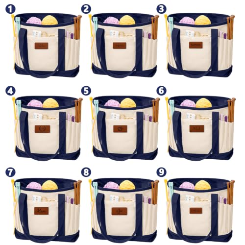 Personalized Crochet Bag with Custom Leather Patch or Embroidered Name, Canvas Knitting Tote for Yarn Storage, Crochet Organizer with Multiple Pockets, Custom Gift for Crocheters & Knitters - color: Nature-Navy, size: Make it Personal