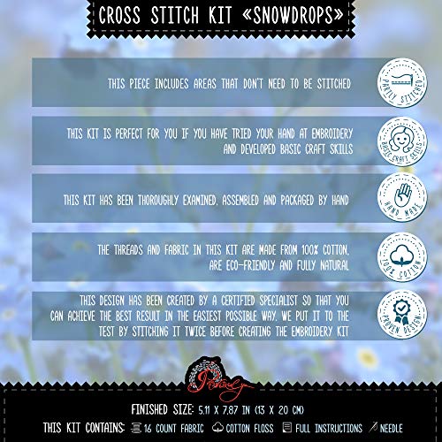 Povitrulya Spring Flowers Cross Stitch Kit “Snowdrops” | Embroidery Set with White Floral Pattern and 16 Count Aida Fabric - color: Snowdrops
