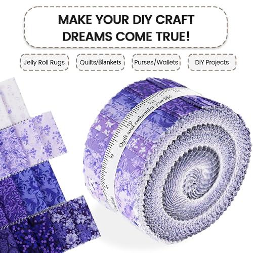 Craftido-20 Options-100% Cotton Jelly Roll Fabric Precut Strips for Quilting, Crafting, and Sewing, 40 Strips 2.5" x 44" Assorted Bundles for Rug, Quilt Project, DIY Craft and Home Decor-Royal Purple - color: Royal Purple