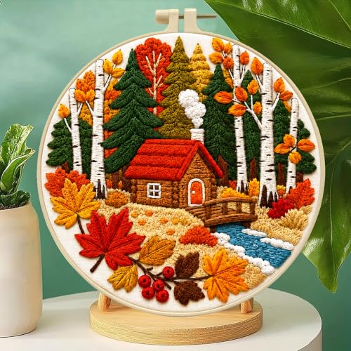Zhenqing Autumn Cabin Embroidery Kit for Beginners (C0140) - color: Autumn Cabin