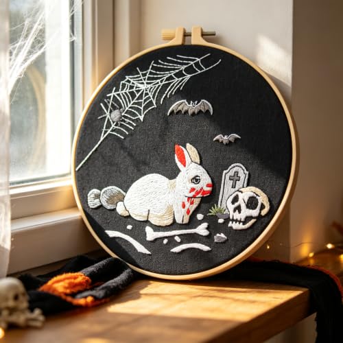 Halloween Embroidery Kits for Beginners Adults, Gothic Rabbit Embroidery DIY Kit, Halloween Cross Stitch Kits Needlepoint Kits for Beginners Adults Woman Gifts, Embroidery Hoop, Thread, Video Tutorial - color: H2123