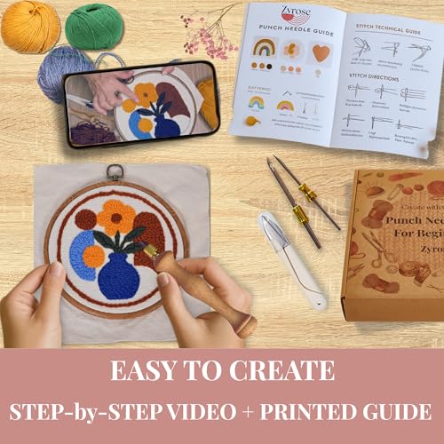 Zyrose Punch Needle Kit for Beginners – Modern Embroidery Kit with Printed Fabric, Non-Slip Hoop, Merino Yarn, 3 Needles – Boho Craft Kit for Adults & DIY Gifts (Boho Abstract) - style: BOHO abstract