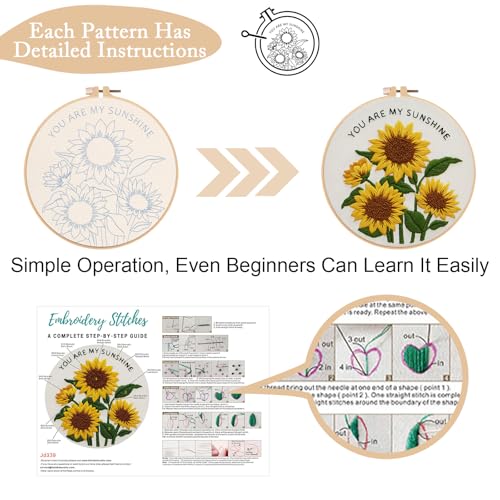 Nuberlic 3 Pack Embroidery Kit for Beginners with Sunflower Pattern - color: Sunflower
