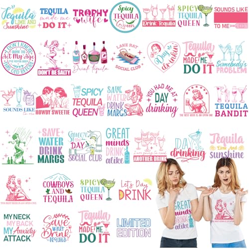 Tellingyou 36 Sheets Bar Themed Iron on Transfers Western Dtf Ready to Press Cowgirl & Tequila Party Patches Vinyl Iron on Patch Embroidered Applique for T Shirt Pillow Covers DIY - style: Vintage Bar Style