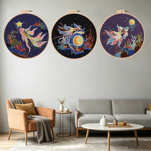 Konrisa Stamped Embroidery Kit for Adults, 3 Set Elegant Goldfish DIY Sewing Needlepoint Cross Stitch Kit with Embroidery Floss,Hoops,Color Thread,Needle,1 pc Hoop - color: fish