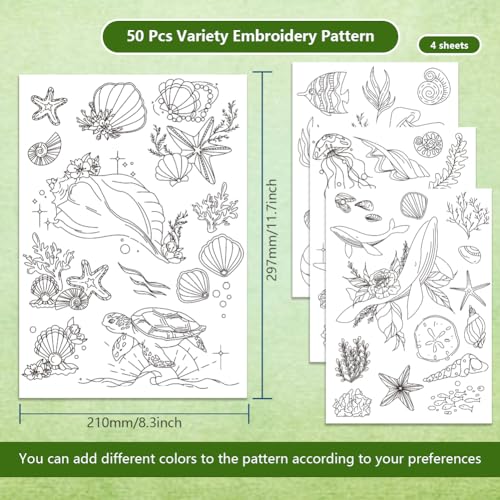 BENECREAT 4 Sheets 50pcs Ocean Theme Water Soluble Hand Sewing Stabilizers, Fish Shell Conch Whale Tear Away Embroidery Stabilizers for Embroidery, Carves, Shirts, Coats, Bags, Towels