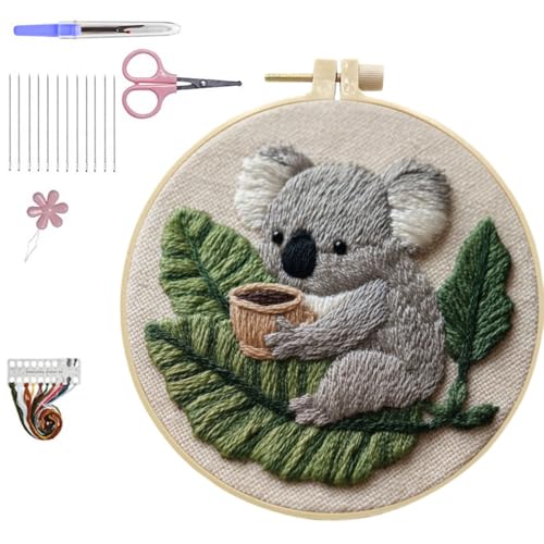 HCANPER Cute Koala Embroidery Starter Kit,DIY Needle Punch Kit, Punch Needle Kits for Beginners,Include Pre-Printed Fabric,Tools,Embroidery Hoop,Threads. (Coffee) - color: Coffee