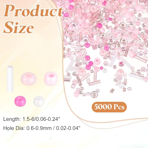 MECCANIXITY 5000 Pcs Mixed Glass Seed Beads, 1.5-6mm Mini Loose Glass Bugle Spacer Bead Embroidery Beads for DIY Craft Projects Earrings Necklaces Bracelets Jewelry Making, Pink - color: Pink