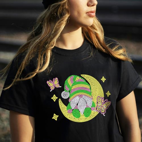 1 Pc Moon Gnome Elf Rhinestone Iron on Hotfix Transfer Decal, Bling DIY Patch Clothing Repair Applique T-Shirt Vest Shoes Hat Jacket Decor Clothing DIY Accessories - style: Gnome Moon Star