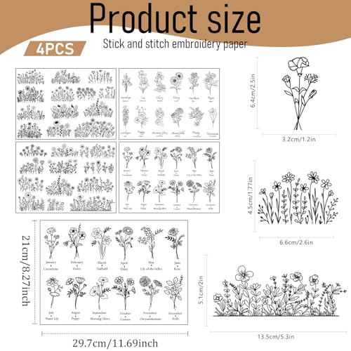 Flower Water Soluble Embroidery Patterns, 4 Sheets 50 Pcs Stick and Stitch Embroidery Papers Wash Away, Pre-Printed Floral Birthday Pattern Transfers for Hand Sewing Lovers Beginners Customized Gifts - size: Floral Birthday