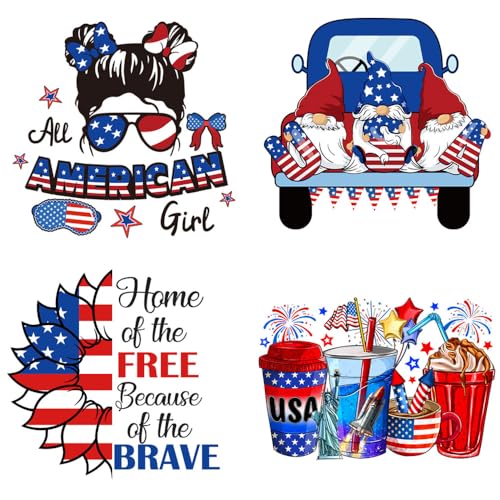 4 Packs USA Patriotic Iron on Transfers Stickers 4th of July Iron on Decals Patches Appliques Heat Transfers Vinyl American Girls Flag Dwarf Design Memorial Day Decals for Clothes Bag Pillow Cover DIY - color: July of 4th A