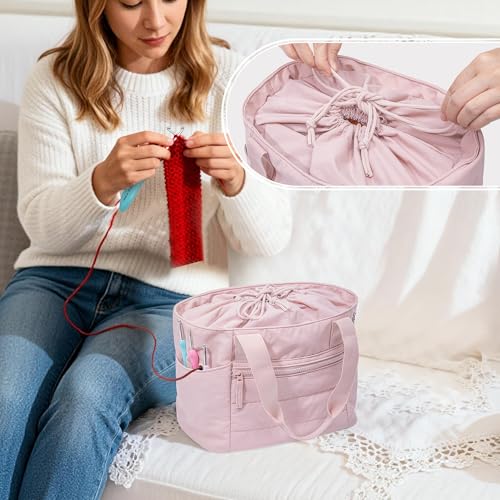 Teamoy Small Knitting Bag, Yarn Storage Tote, Crochet Bag Organizer, Pink - color: Pink
