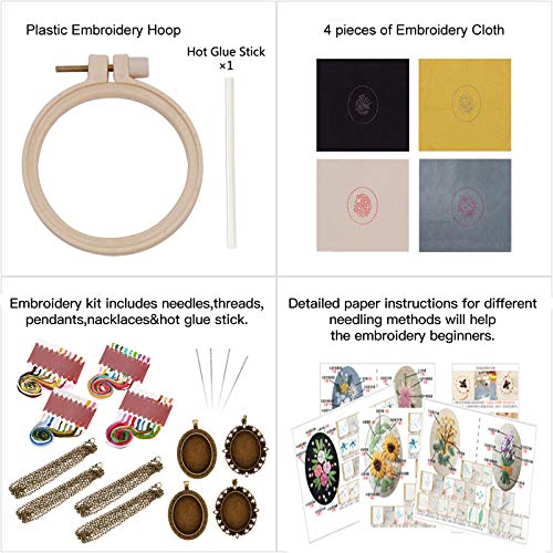 ZOCONE 4 Packs Embroidery Necklace Kits, Embroidery Pendant Kit Mini Cross Stitch Kit with Hoop, Necklace, Pendant, Stamped Pattern Cloth, Instructions, etc. Embroidery Kits for Adults - color: 4 Packs-D
