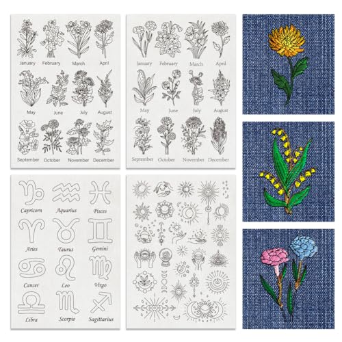 BENECREAT 4 Sheets 63PCS Stick and Stitch Embroidery Paper, Birth Month Flower Theme Stabilizer Water Soluble Hand Sewing for Carves, Shirts, Coats, Bags, Towels - color: Birth Month Flower