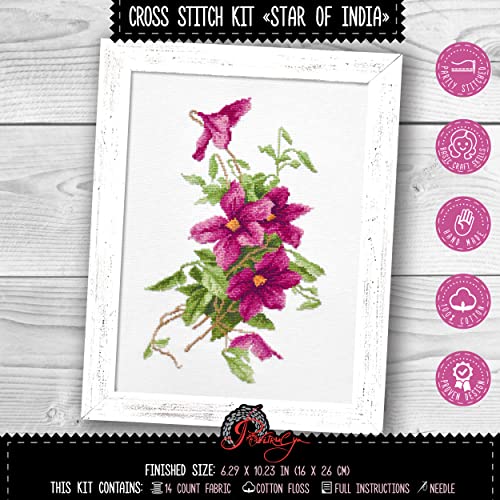Povitrulya Clematis Flower Star of India Counted Cross Stitch kit - DIY Embroidery Set with Paper Floral Pattern and prestored Floss - color: Clematis