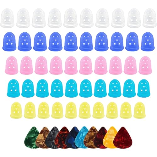50 Pcs Colorful Guitar Silicone Finger Protectors, Guitar Fingertip Protector Caps in 5 Sizes for Beginner Playing Electric Guitar and 10 Guitar Picks - color: Colorful 50 pcs + 10 Guitar Picks