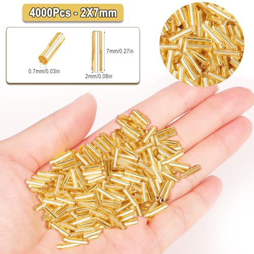 4000pcs Gold Bugle Beads Bulk -Embroidery Beads,Long Tube Bead for Jewelry Making, Bracelet Necklaces Supplies,Craft DIY(7x2mm) - color: Gold