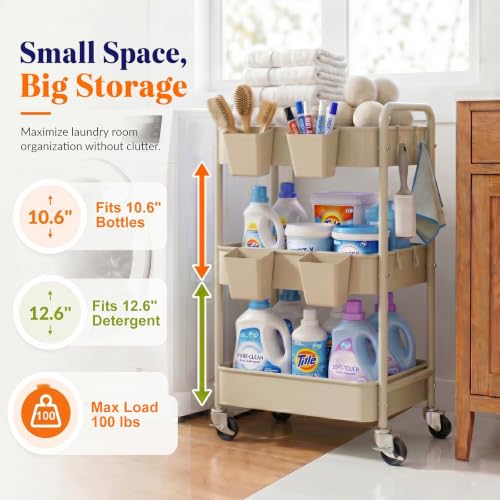 Beige 3 Tier Rolling Storage Cart Metal on Wheels, Cream Diaper Caddy Carts - color: Gentle‌ Beige, size: 3 Tier + Cups + Hooks