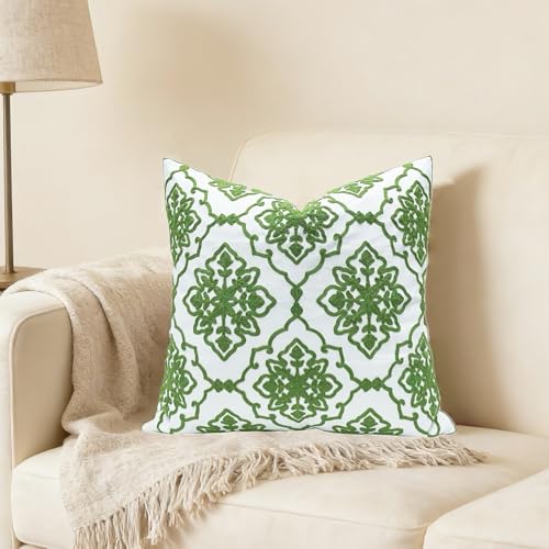 Slow Cow Embroidered Throw Pillow Cover 18 x 18 Inch Green - color: Green Bohemian Flower, size: 18" x 18" (Pack of 1)