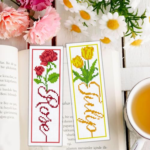 BEUNITONE 6 PCS Cross Stitch Bookmark Kit for Adults Beginners,Text and Flowers Pre-Printed Cross Stitch,DIY Stamped Embroidery Bookmark Kits,with Instructions,Craft Kit for Book Lovers 8.5''x3'' - style: Text And Flowers