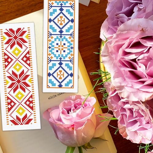 BEUNITONE 6 Pcs Vintage Cross Stitch Bookmark Kits for Beginner with Backing Felt Floss Instructions, Handmade Bookmarks DIY Stamped Craft Embroidery Kits for Adults, Book Lovers 8.5''x3'' - style: Pattern 3