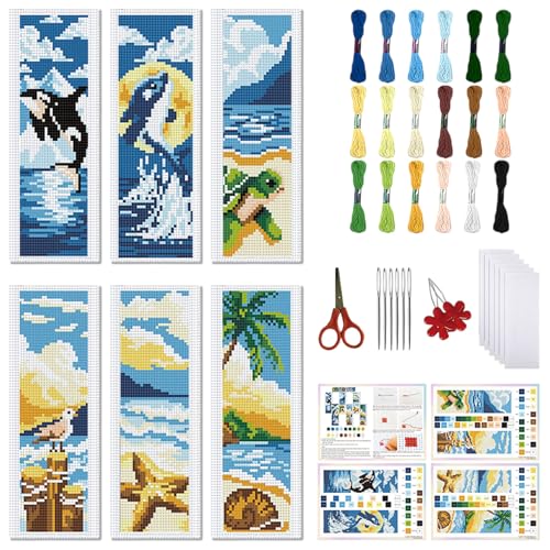 FREEBLOSS 6 Set Cross Stitch Bookmark Kits for Beginner Ocean Theme Stamped Cross Stitch Kit DIY Embroidery Bookmark Kit with Instructions 8'' x 2.4'' - style: Beach Animals