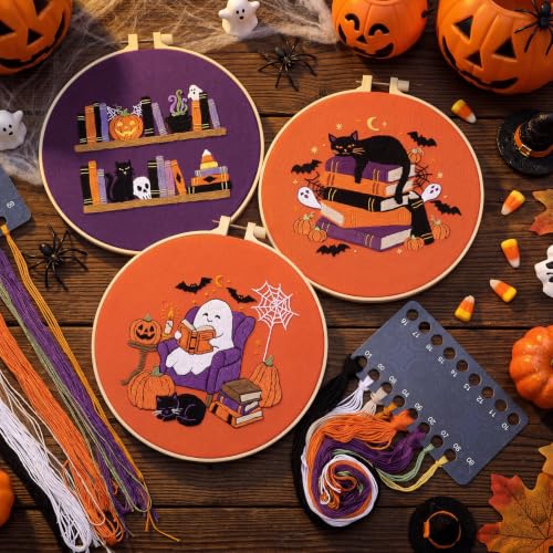 Mindsoft 3 Set Needlepoint Kit for Beginners with Hoop,Halloween Booklover - style: Halloween Booklover