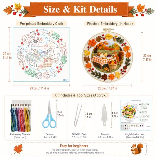Zhenqing Squirrel Embroidery Kit for Beginners, Autumn Picnic Needlework Kit with Pre-Printed Cotton Fabric, Hoop, Threads & Tools, Fall Woodland Decor (C0141) - color: Autumn Picnic Squirrel
