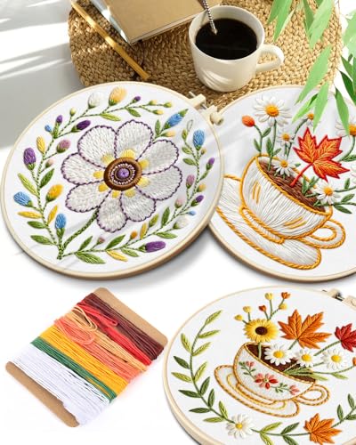 TINDTOP Embroidery Kit for Adult, 3 Pack Embroidery DIY Starter Kit, with Stamped Patterns, Hoop, Tools, Colorful Threads with Needles, Instructions (Flower Cup) - color: Flower Cup