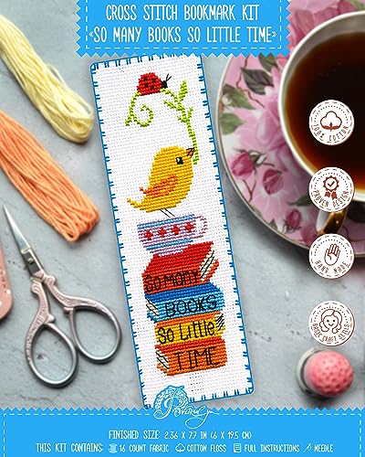 Povitrulya So Many Books So Little Time - Counted Cross Stitch Kit for Adults - Embroidery Set with Funny Inspirational Quote, Gifts for Reader, Book Lover, Writers - color: So many books
