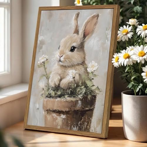 Framed Vintage Easter Bunny Wall Art, Cute Cottagecore Rabbit Floral Pictures Wall Decor, Spring Farmhouse Animal Paintings Prints Rustic Home Decor for Living Room Bedroom Nursery 8x10 inch - color: Cute Rabbit, size: 10"L x 8"W