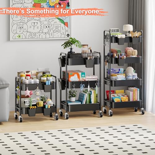 4 Tier Rolling Cart Metal with Wheels, Black Storage Carts,38in Tall - color: Matte Black, size: 4 Tier + Cups + Hooks