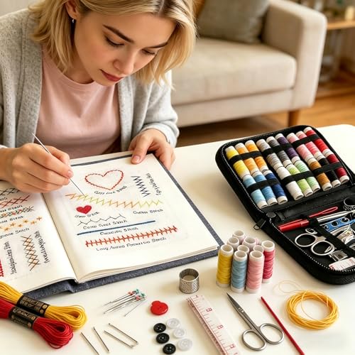 ZFBDMC Embroidery Stitch Book, 2026 Upgraded Portable DIY Embroidery Kit for Beginners with Linen, 99-Piece Complete Needle & Thread Set, Step-by-Step Video Instructions, Craft Gift for Adults