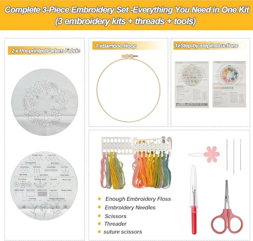 AZY 3-Piece Embroidery Kit for Beginners – Needlepoint Set with Pre-Printed Floral Patterns, Adjustable Hoop, Thread, Needles & Instructions for Cross Stitch Lovers (Floral Embroidery) - style: Floral Embroidery