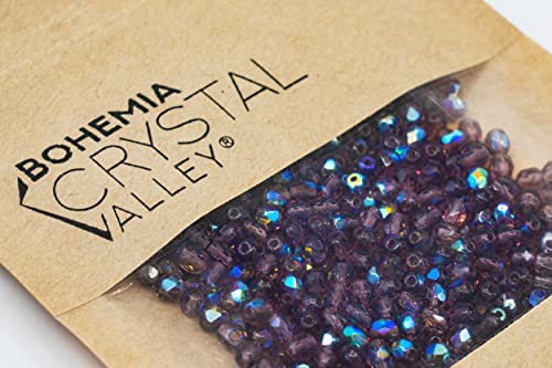 100pcs of Faceted Fire Polished Pressed Czech Glass Beads 4mm (0.16in), Amethyst AB Violet Purple 20060-28701 BCV - color: Amethyst AB Violet Purple