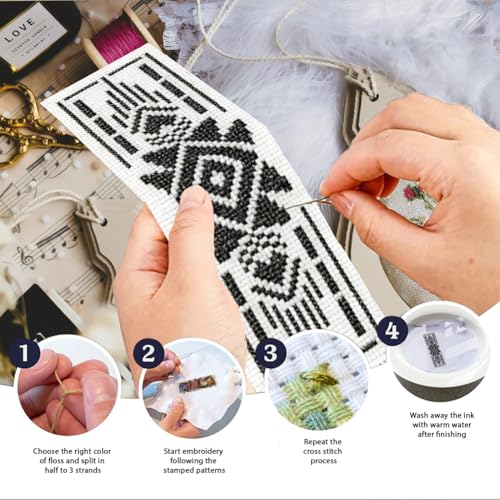 INFUNLY 6pcs Aztec Print Cross Stitch Bookmark Kit for Beginners DIY Vintage Geometry Embroidery Bookmark Kits Black White Needlepoint Kit with Instruction Easy Cross Stitch Set for Book Lovers Reader - style: Aztec Patterns