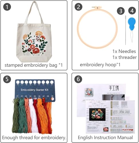 MAMUNU Canvas Tote Bag Embroidery Kit with Pattern for Beginners, Arts and DIY Crafts Kits for Adults, Include Instructions Embroidery Bag, Embroidery Hoops, Color Threads and Tool - color: Beige