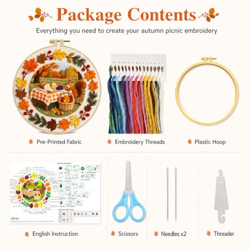 Zhenqing Squirrel Embroidery Kit for Beginners, Autumn Picnic Needlework Kit with Pre-Printed Cotton Fabric, Hoop, Threads & Tools, Fall Woodland Decor (C0141) - color: Autumn Picnic Squirrel