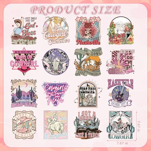 Dazoratix Western Cowgirl Transfer Stickers - 16 PCs Wild West Cow Girl Iron on Transfers Ready to Press Appliques Patches for Women T-Shirt Jeans Hat Jackets Clothing DIY Decals Clothes Decorations - style: Western Cowgirl-16PCs