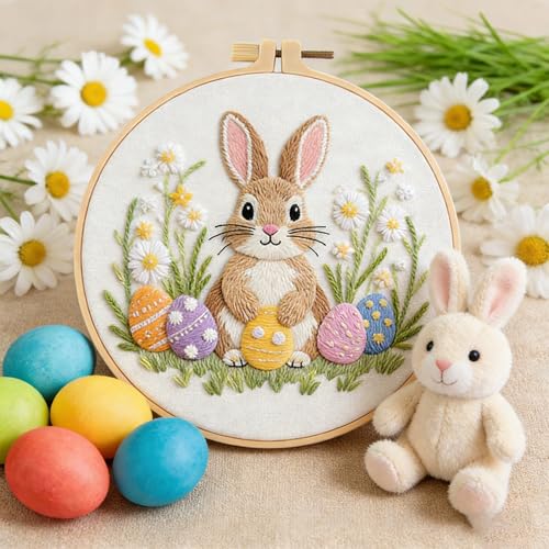 BoAn Rabbit Embroidery Kit for Beginners, DIY Cross Stitch Kit with Hoop - color: rabbit-1