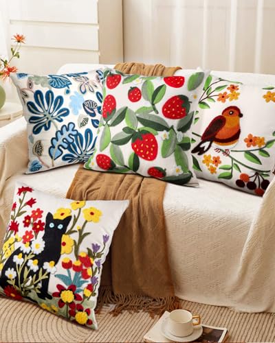 Embroidered Throw Pillow Cover, 18x18 Inch, Strawberry Leaves - color: Leaf Strawberry, size: 18" x 18" (Pack of 1)