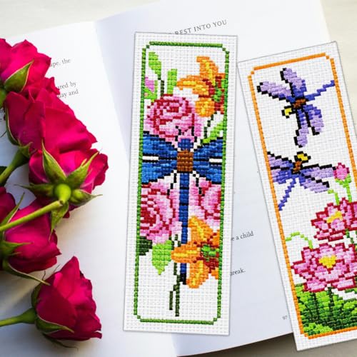 ORIGACH 6 Set Dragonfly & Flower Cross Stitch Bookmark Kit for Beginner - style: Dragonfly & Flower