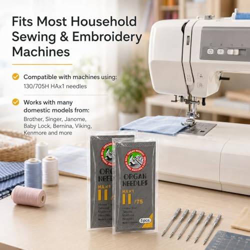50 PCS Embroidery Sewing Machine Needles for Brother Size 75/11 130/705H HAx1 Sewing Needles for Brother Sewing Machine (5 Pack of 10 Needles) - style: 50pcs- 75/11
