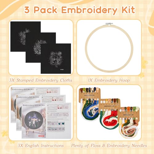 USEAMIE 3 Pack Embroidery Kit with Botanical and Floral Classic Prints, Embroidery Fabric, Needle and Thread, Adult Starter Needlepoint Embroidery Kits - color: Black pattern